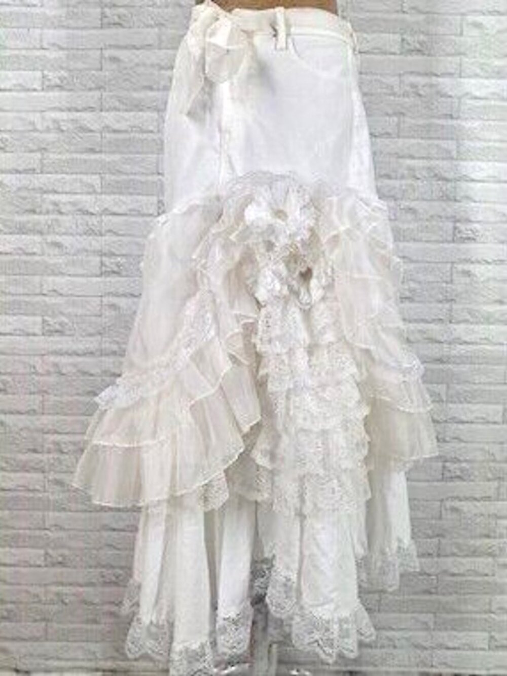 HAND CRAFTED Skirt Denim Jean Ruffle Bachelorette Wedding Bridal White 12